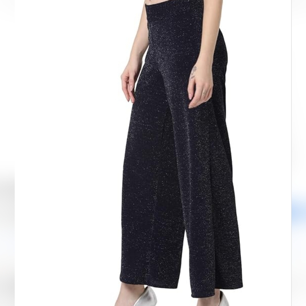 Angie Glittery Wide Leg Black Pant SzM Waistband Pull-On Party